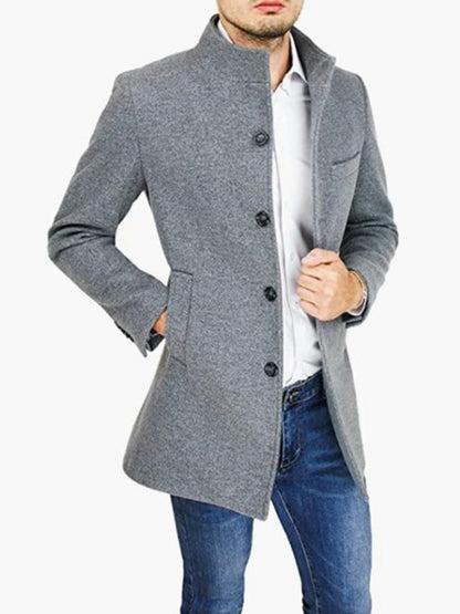 Men's slim woolen coat with stand collar - Hiccupzz