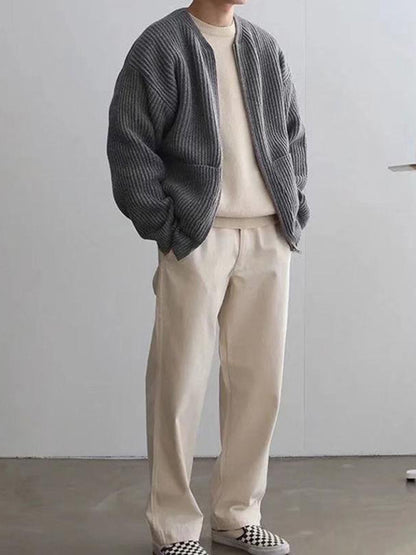 Men's solid color loose casual lazy style knitted sweater cardigan - Hiccupzz