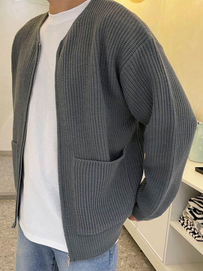 Men's solid color loose casual lazy style knitted sweater cardigan - Hiccupzz