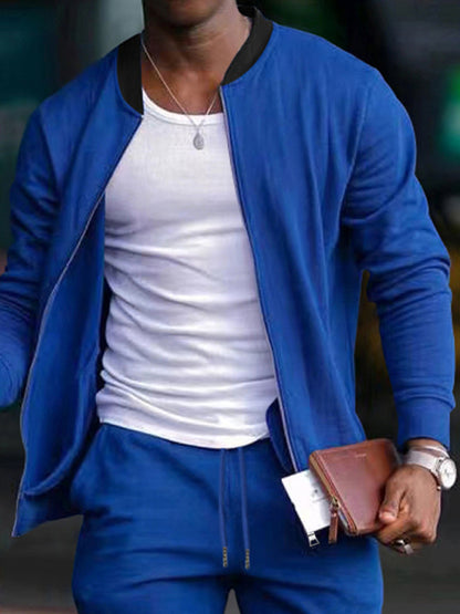 Men's new casual solid color baseball collar jacket suit