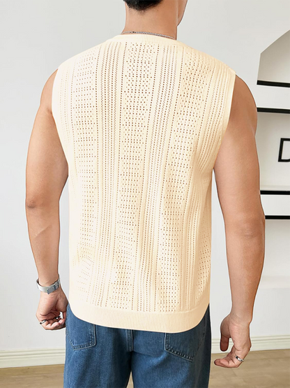 Men's Solid Color Sleeveless Sweater – Fashionable Hollow-Out Round Neck Casual Vest