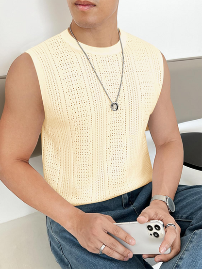 Men's Solid Color Sleeveless Sweater – Fashionable Hollow-Out Round Neck Casual Vest