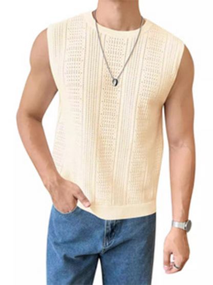 Men's Solid Color Sleeveless Sweater – Fashionable Hollow-Out Round Neck Casual Vest