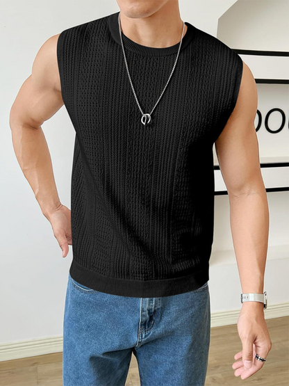 Men's Solid Color Sleeveless Sweater – Fashionable Hollow-Out Round Neck Casual Vest