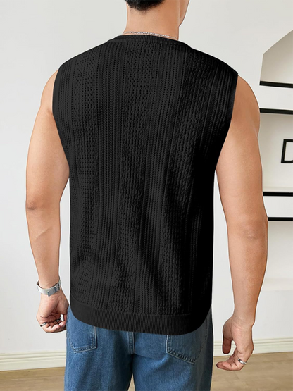 Men's Solid Color Sleeveless Sweater – Fashionable Hollow-Out Round Neck Casual Vest