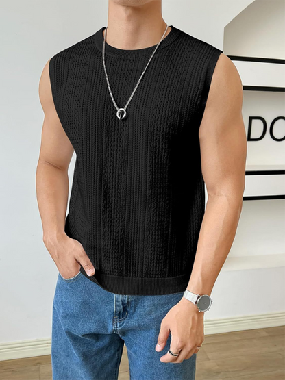 Men's Solid Color Sleeveless Sweater – Fashionable Hollow-Out Round Neck Casual Vest