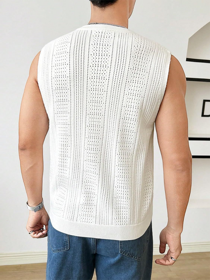 Men's Solid Color Sleeveless Sweater – Fashionable Hollow-Out Round Neck Casual Vest
