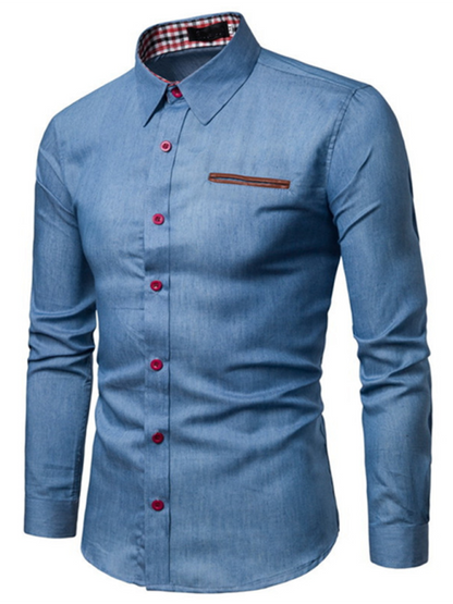 Men's Casual Shirt Pocket Patchwork Leather Long Sleeve Shirt - Hiccupzz