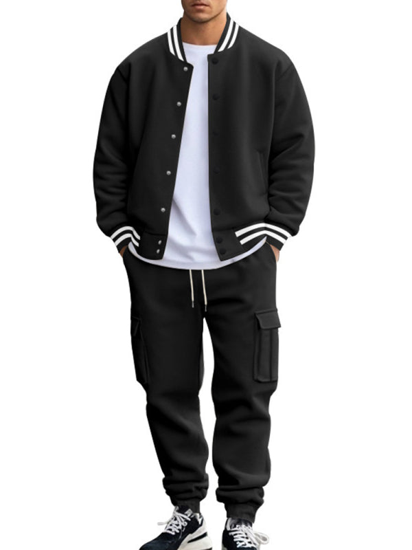 Men's loose sports suit with stand collar baseball jacket, trousers and fleece casual jacket