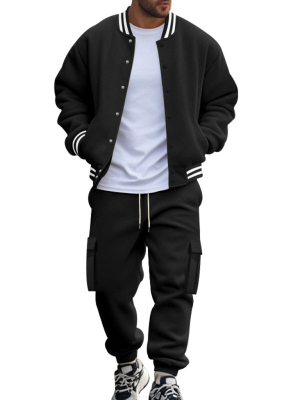 Men's loose sports suit with stand collar baseball jacket, trousers and fleece casual jacket