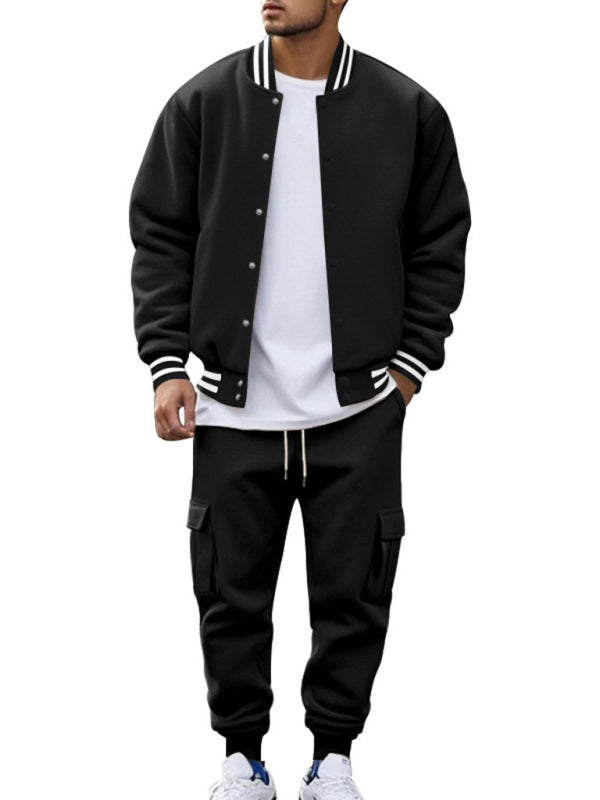 Men's loose sports suit with stand collar baseball jacket, trousers and fleece casual jacket