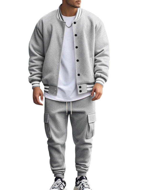 Men's loose sports suit with stand collar baseball jacket, trousers and fleece casual jacket