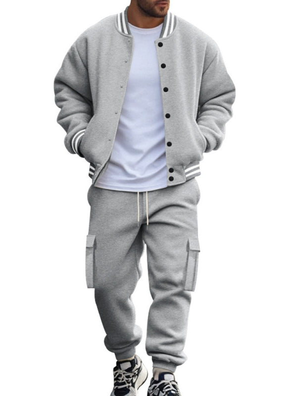 Men's loose sports suit with stand collar baseball jacket, trousers and fleece casual jacket