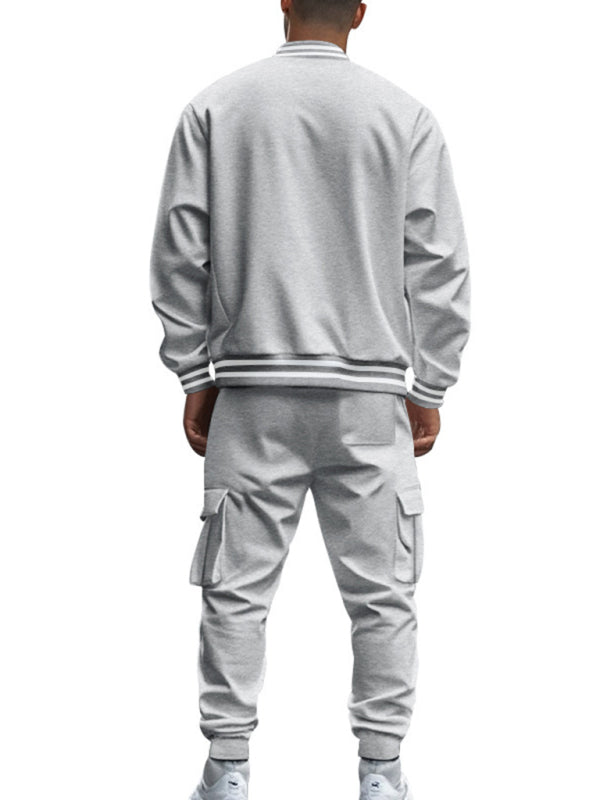 Men's loose sports suit with stand collar baseball jacket, trousers and fleece casual jacket