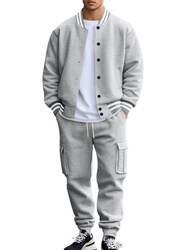 Men's loose sports suit with stand collar baseball jacket, trousers and fleece casual jacket