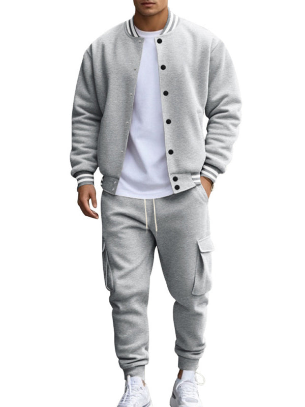 Men's loose sports suit with stand collar baseball jacket, trousers and fleece casual jacket