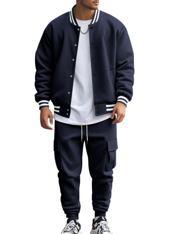 Men's loose sports suit with stand collar baseball jacket, trousers and fleece casual jacket