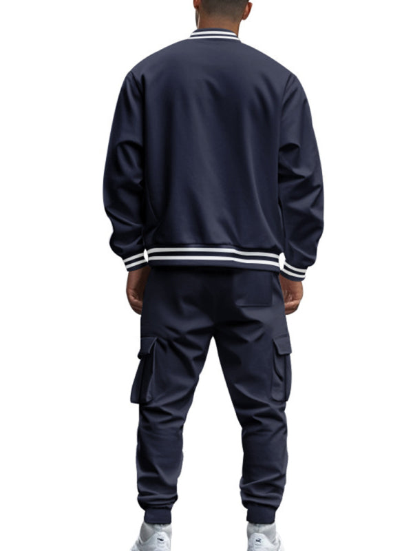 Men's loose sports suit with stand collar baseball jacket, trousers and fleece casual jacket