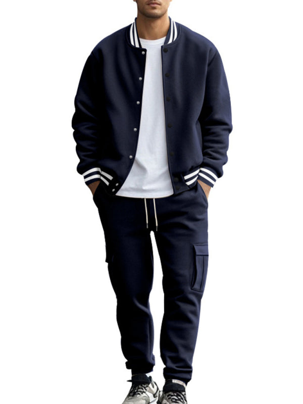 Men's loose sports suit with stand collar baseball jacket, trousers and fleece casual jacket