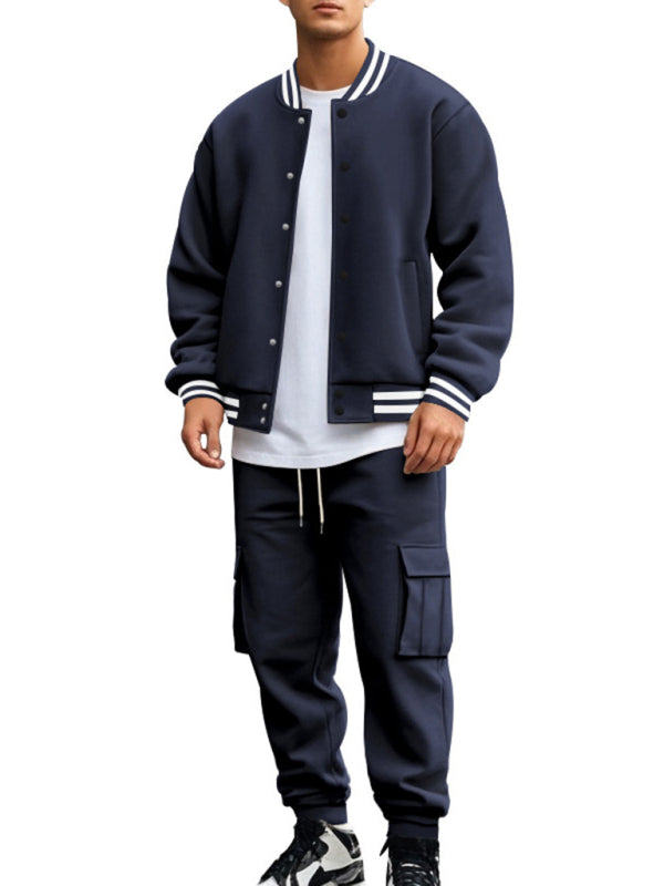 Men's loose sports suit with stand collar baseball jacket, trousers and fleece casual jacket