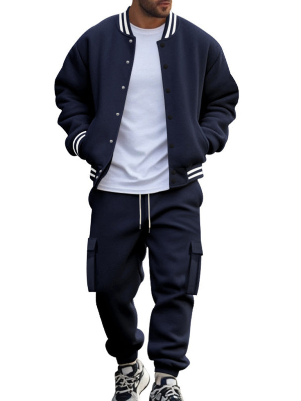 Men's loose sports suit with stand collar baseball jacket, trousers and fleece casual jacket