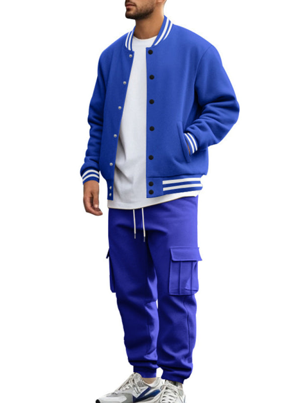 Men's loose sports suit with stand collar baseball jacket, trousers and fleece casual jacket