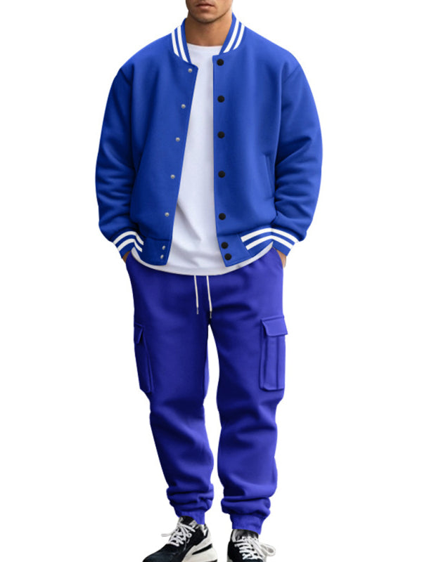 Men's loose sports suit with stand collar baseball jacket, trousers and fleece casual jacket