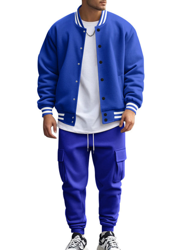 Men's loose sports suit with stand collar baseball jacket, trousers and fleece casual jacket