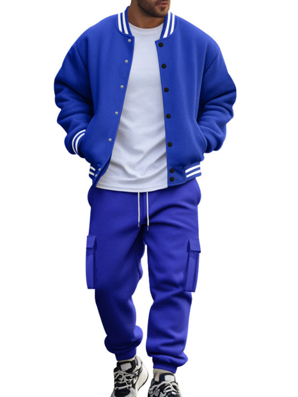 Men's loose sports suit with stand collar baseball jacket, trousers and fleece casual jacket