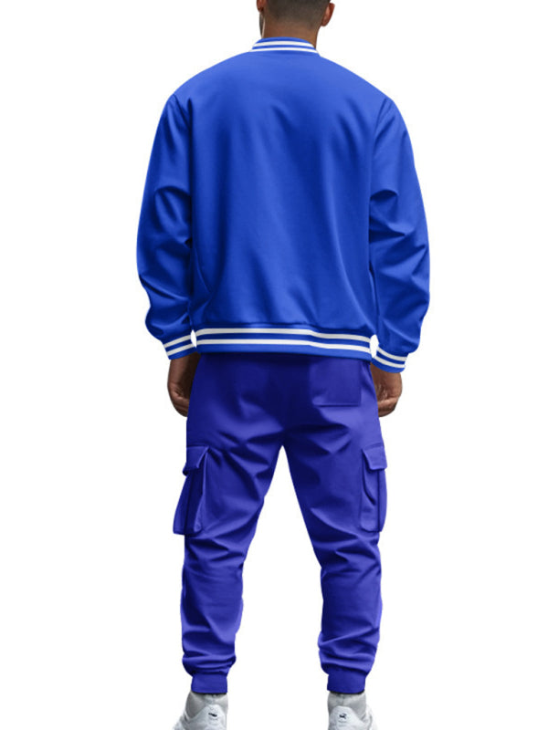 Men's loose sports suit with stand collar baseball jacket, trousers and fleece casual jacket