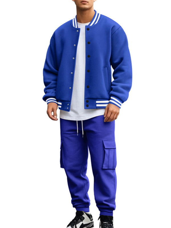 Men's loose sports suit with stand collar baseball jacket, trousers and fleece casual jacket