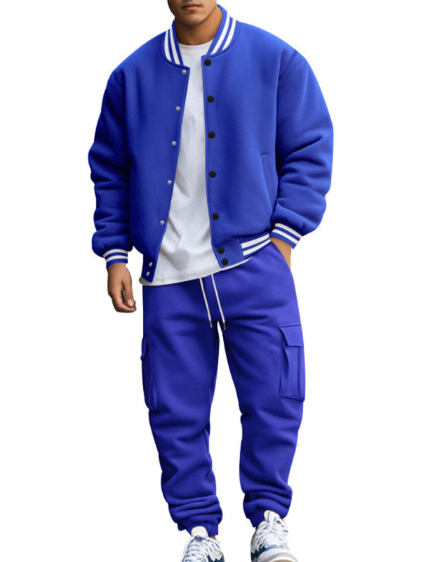 Men's loose sports suit with stand collar baseball jacket, trousers and fleece casual jacket