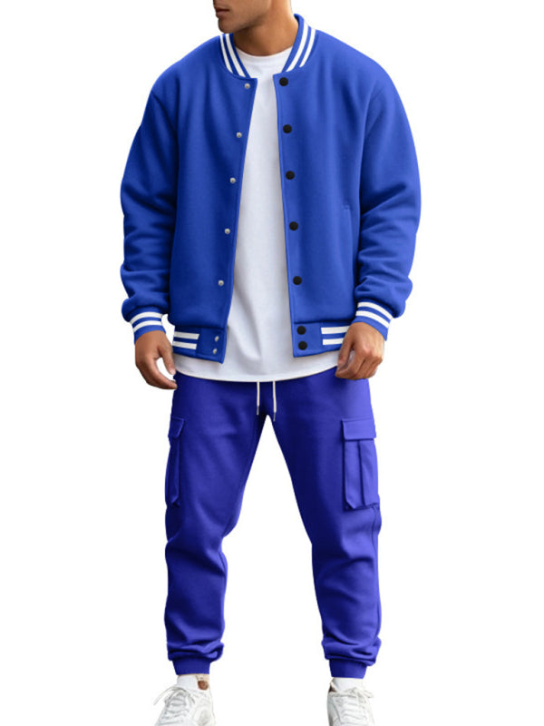 Men's loose sports suit with stand collar baseball jacket, trousers and fleece casual jacket