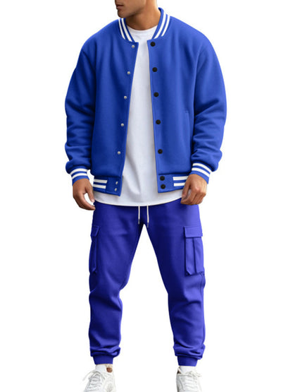 Men's loose sports suit with stand collar baseball jacket, trousers and fleece casual jacket