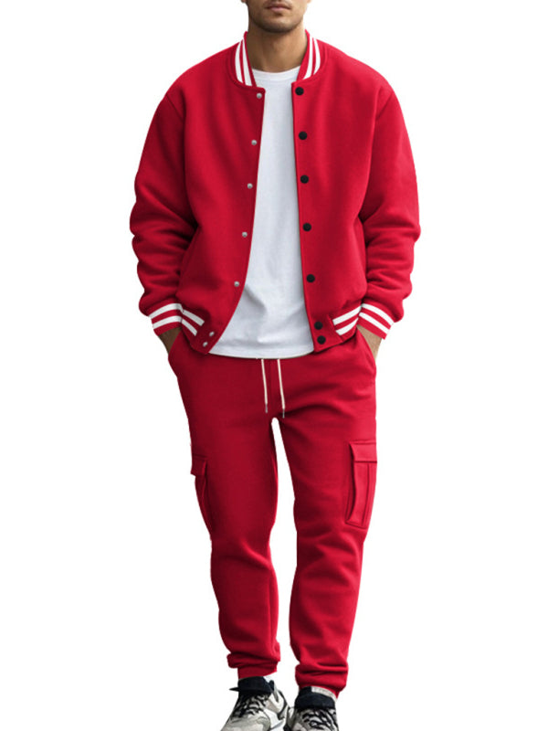 Men's loose sports suit with stand collar baseball jacket, trousers and fleece casual jacket