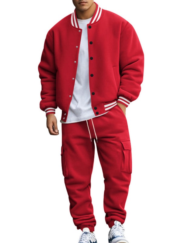 Men's loose sports suit with stand collar baseball jacket, trousers and fleece casual jacket