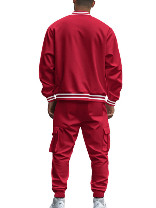 Men's loose sports suit with stand collar baseball jacket, trousers and fleece casual jacket