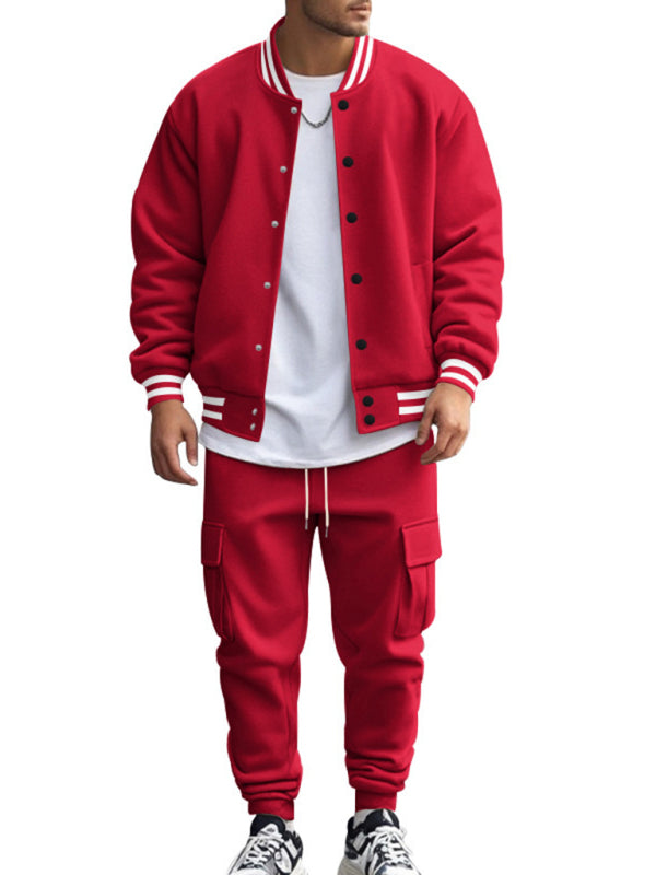 Men's loose sports suit with stand collar baseball jacket, trousers and fleece casual jacket