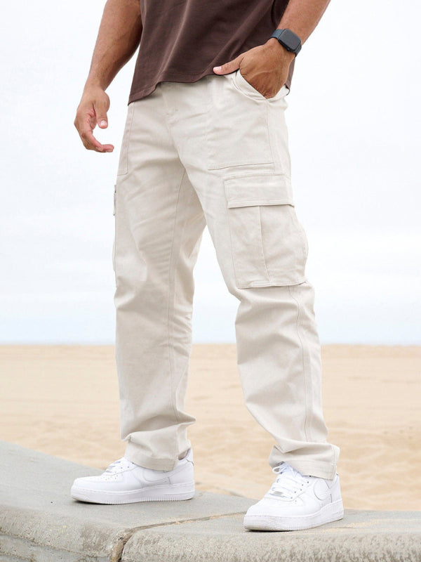 Men's Casual Loose Fit Straight-Leg Work Trousers with Large Pockets