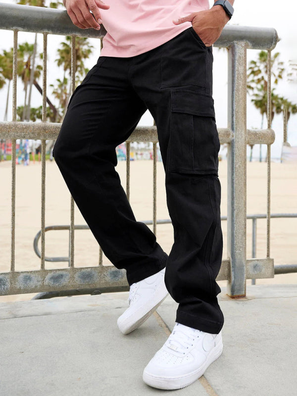 Men's Casual Loose Fit Straight-Leg Work Trousers with Large Pockets