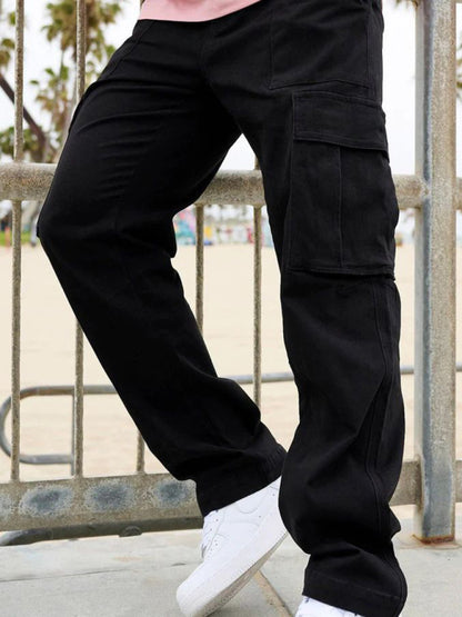 Men's Casual Loose Fit Straight-Leg Work Trousers with Large Pockets