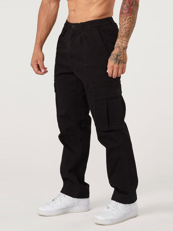 Men's Casual Loose Fit Straight-Leg Work Trousers with Large Pockets