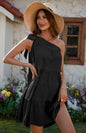 Women's Diagonal Neck Solid Color Ruffle Dress - Hiccupzz