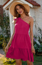 Women's Diagonal Neck Solid Color Ruffle Dress - Hiccupzz