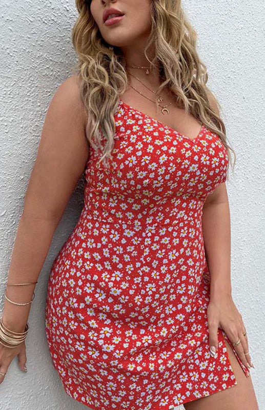 Women's Plus Size Floral Slit Sling Short Dress