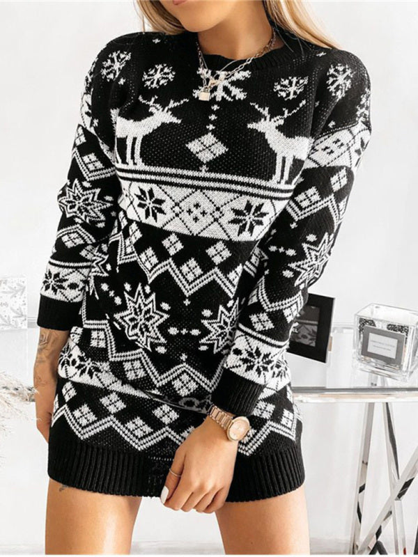 Women's Elk Snowflake Christmas Jacquard Knit Dress