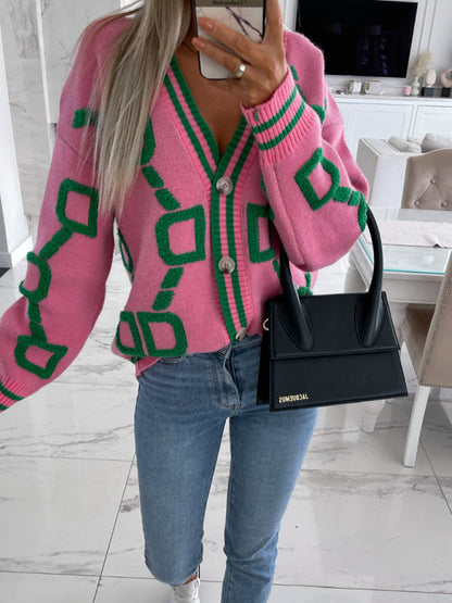 Contrast Single-Breasted Drop-Sleeve Sleeve Sweater Cardigan - Hiccupzz