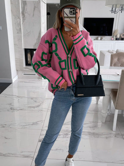 Contrast Single-Breasted Drop-Sleeve Sleeve Sweater Cardigan - Hiccupzz