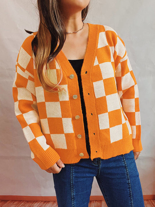 Checkerboard Contrast Single Breasted Drop Sleeve Sweater Cardigan