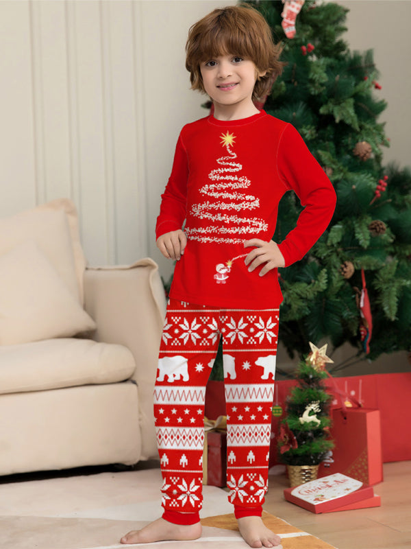 Home clothes printed pajamas Christmas parent-child round neck long sleeve suit